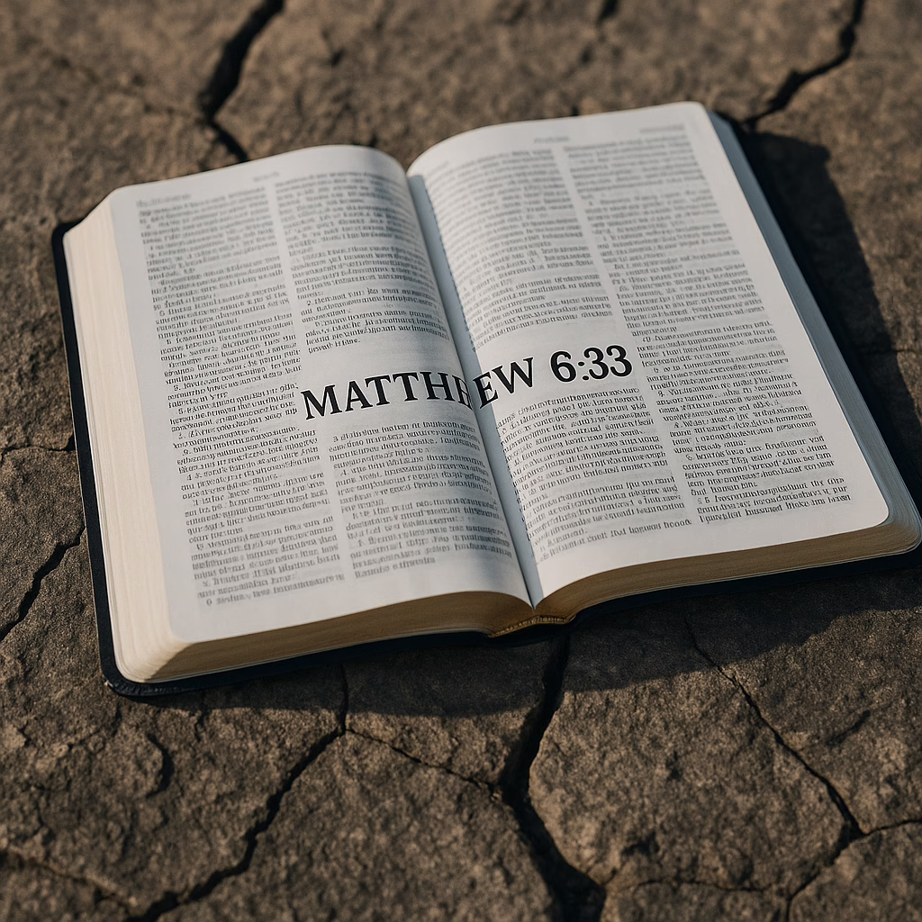 An open Bible resting on cracked stone, with 'Matthew 6:33' prominently highlighted, symbolizing the danger of building doctrine on unstable ground.