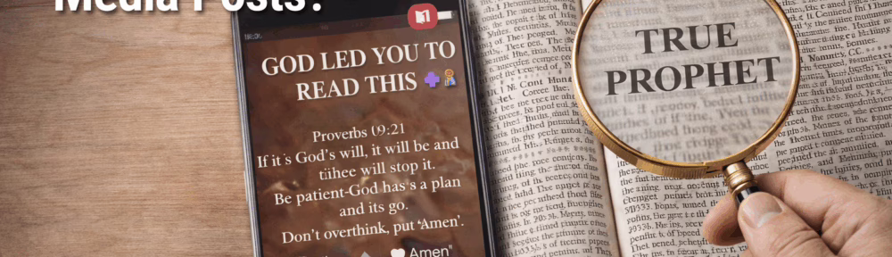 Illustration questioning whether God is speaking through social media, showing a smartphone with a viral Christian post beside an open Bible and a magnifying glass highlighting biblical discernment.