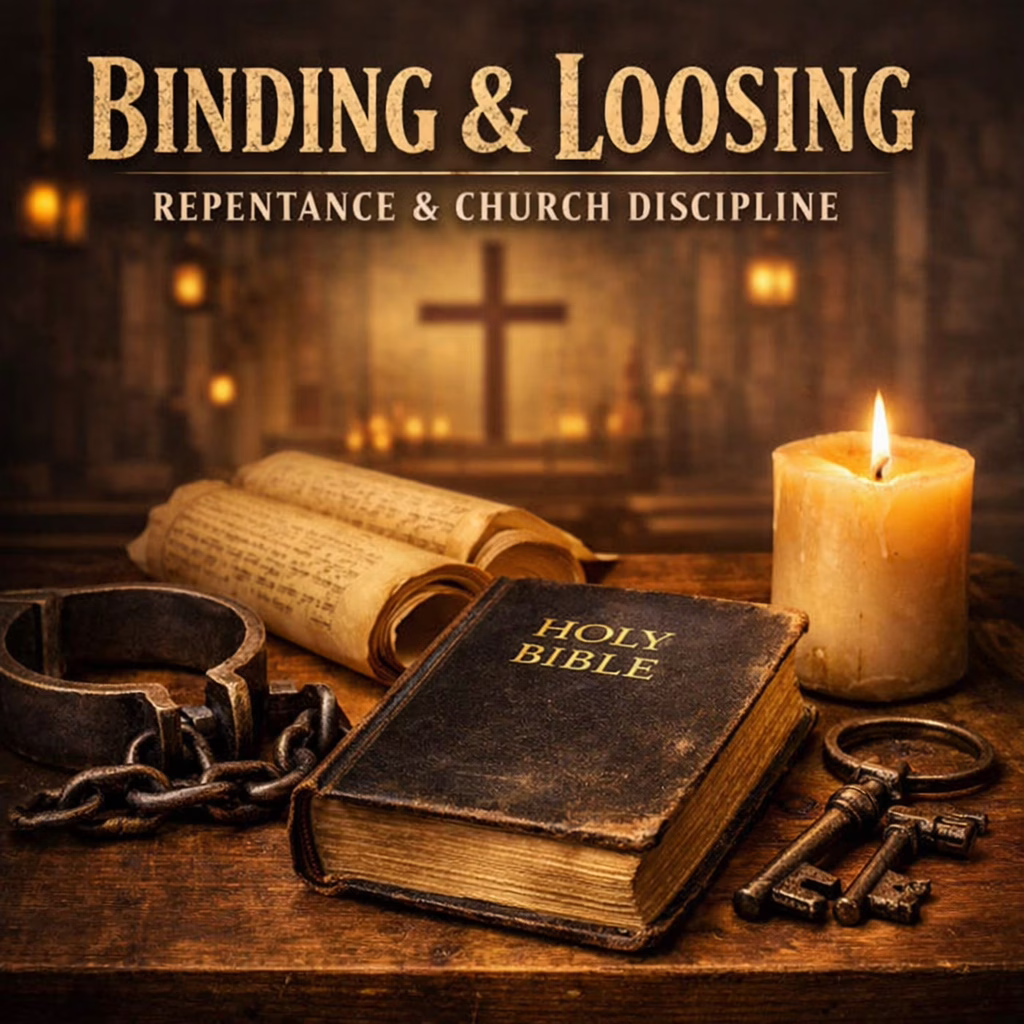 Old Bible on a wooden table with keys, chains, and a candle, symbolizing the biblical concept of binding and loosing, with a church cross visible in the background.
