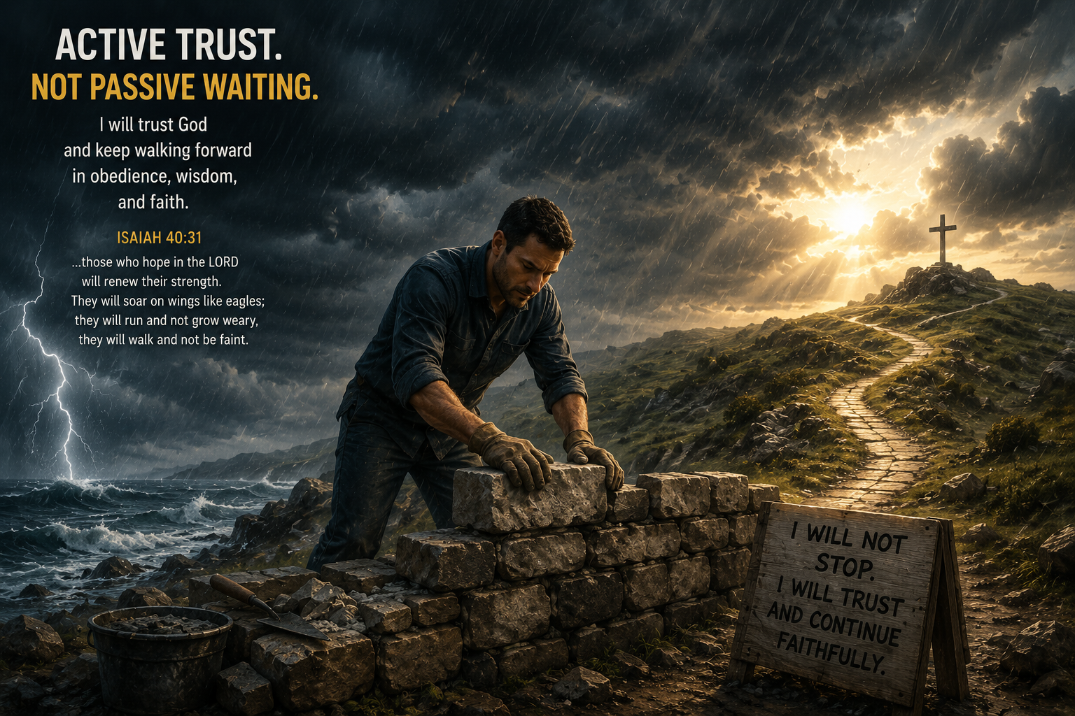 A determined man rebuilds a stone wall during a violent storm beside a rough coastline, symbolizing active faith and perseverance during hardship. Dark clouds, rain, and lightning dominate one side of the scene, while sunlight breaks through on the other, illuminating a winding path leading toward a cross on a hill. Large text reads “ACTIVE TRUST. NOT PASSIVE WAITING.” A wooden sign beside the man says, “I will not stop. I will trust and continue faithfully.” The image represents biblical trust as faithful endurance, wisdom, obedience, and continued action rather than passive waiting.