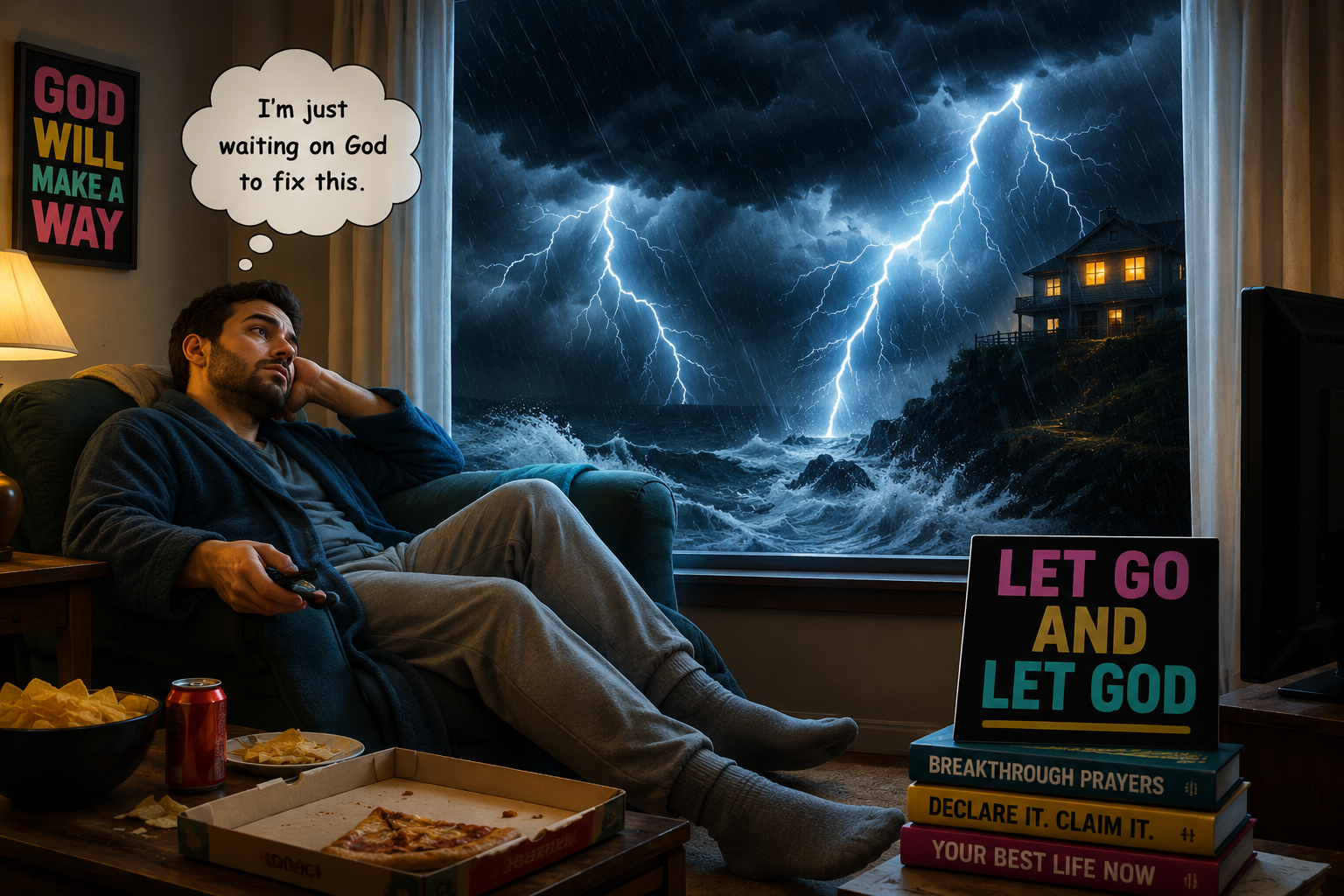 Does Trusting God Mean Doing Nothing? A man sits passively in a recliner inside a dimly lit living room while a violent storm with lightning and crashing waves rages outside the large window behind him. A thought bubble above his head reads, “I’m just waiting on God to fix this.” Around him are signs and books with phrases like “Let Go and Let God,” “Breakthrough Prayers,” and “Declare It. Claim It.” The scene contrasts passive waiting and emotional comfort with the chaos outside, symbolizing the dangers of mistaking passivity for biblical trust.