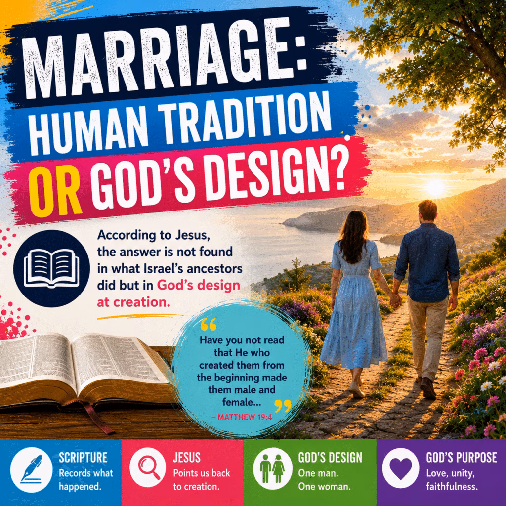 Colorful illustration of a couple walking hand in hand toward a sunset, symbolizing God's design for marriage. The image asks, 'Marriage: Human Tradition or God's Design?' and highlights Jesus' teaching that marriage should be understood from God's design at creation (Matthew 19:4).