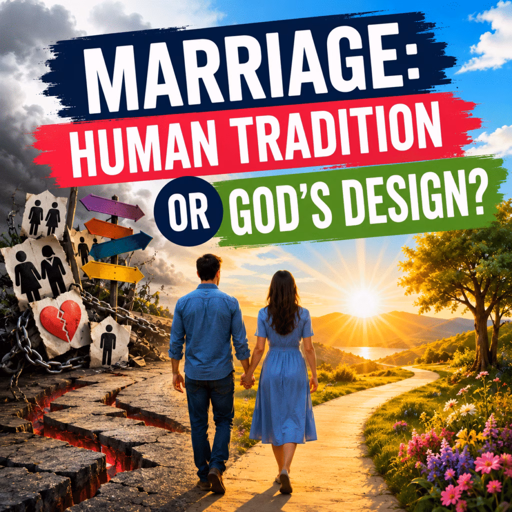 Colorful illustration of a couple walking hand in hand toward a bright sunrise along a peaceful path, contrasting human tradition with God's design for marriage. The bold headline asks, 'Marriage: Human Tradition or God's Design?' against a vibrant landscape symbolizing the choice between human ideas and God's original design. It indirectly asks the question, "was marriage invented by man?"