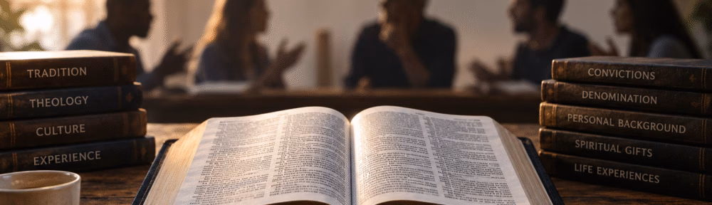 An open Bible surrounded by different Christian beliefs, traditions and experiences, illustrating why Christians interpret the Bible differently.